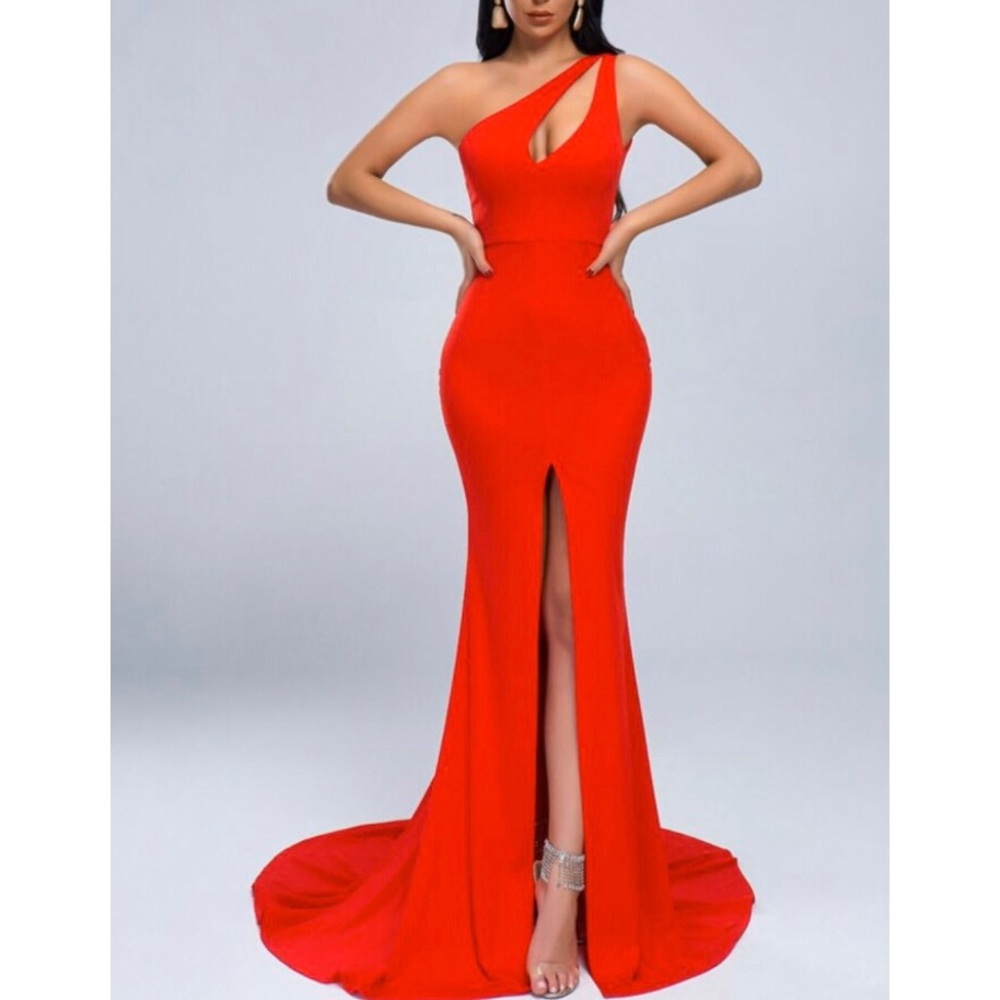 Red one shoulder dress. Knee length middle spilt.